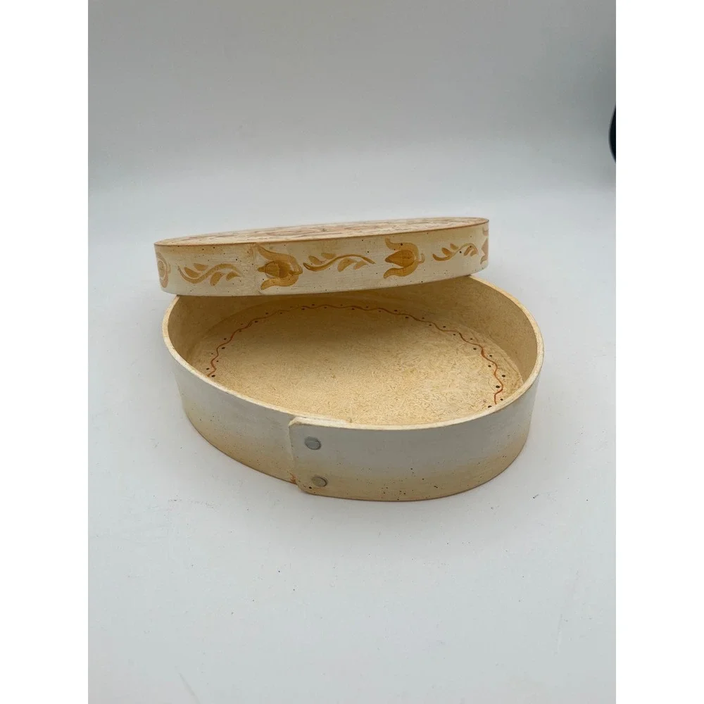 Vtg Signed Folk‎ Art Bentwood Oval shaker Box Lidded Rosemaling Scan Style